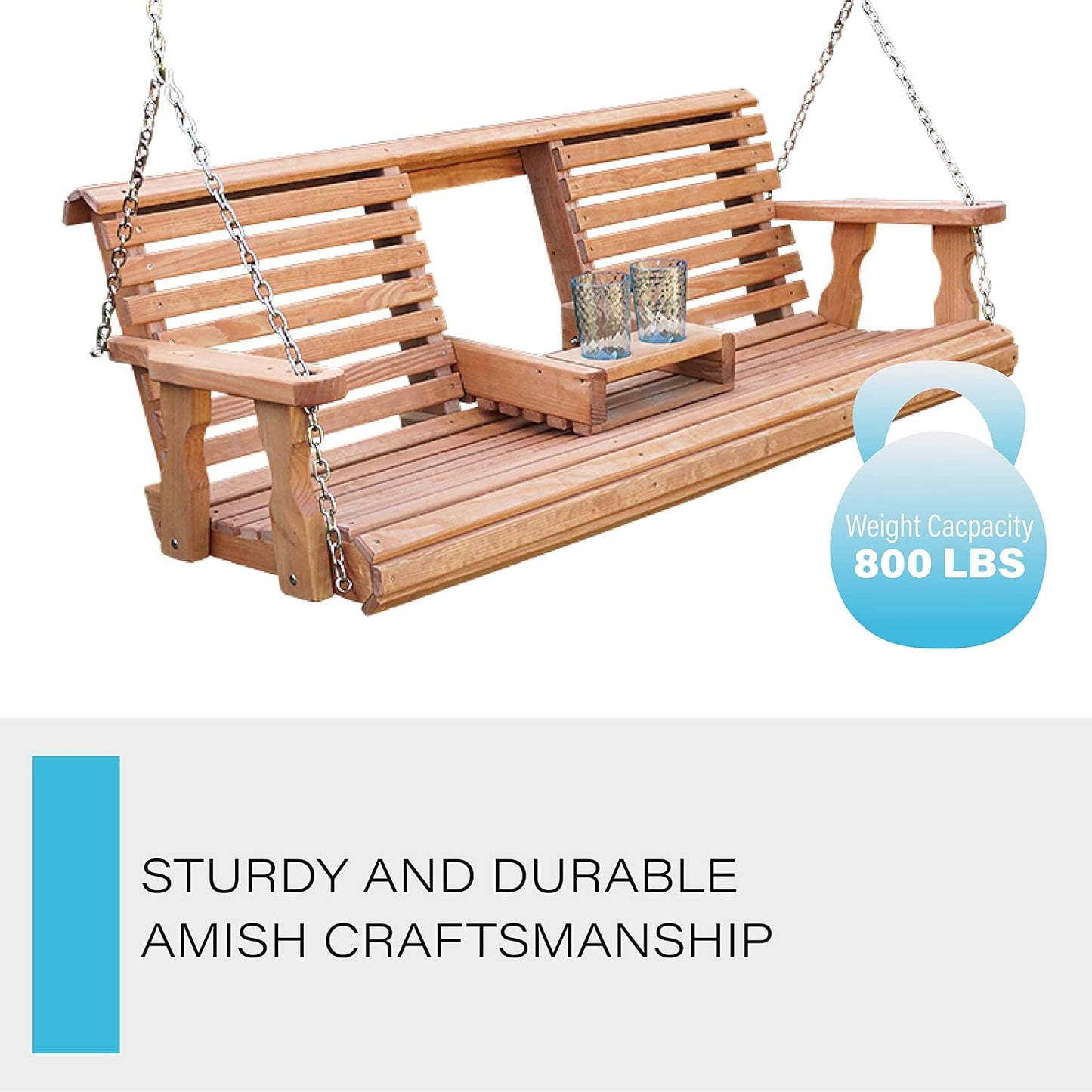 Porchgate Amish Heavy Duty Console Porch Swing with Fold Down Cup Holders in Cedar Stain - Amish Made in The USA from Treated Pine, Hanging Chains Included