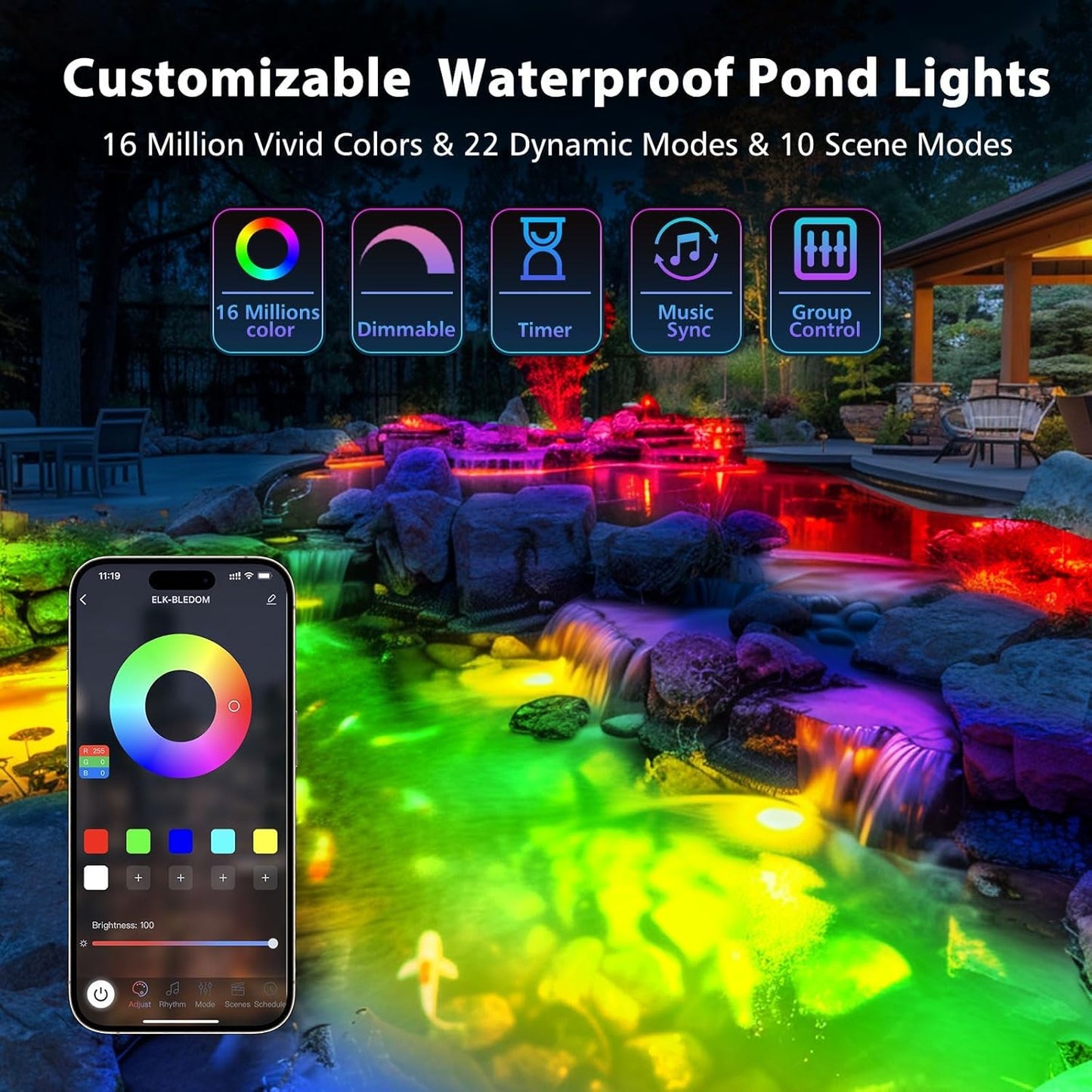 LyLmLe LED Pond Lights with APP Control, 6W SS316 Stainless Steel RGB Underwater Fountain Light with 12V Transformer, IP68 Waterproof Outdoor Underwater Lights for Pond Waterfall, Black Wire