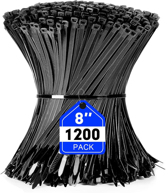 Zip Ties, RAZCC 1200pcs Black Cable Zip Ties 8 Inch, Heavy Duty Plastic Wire Ties with 50lb Tensile Strength, Self-Locking Black Nylon Tie Wraps for Indoor and Outdoor