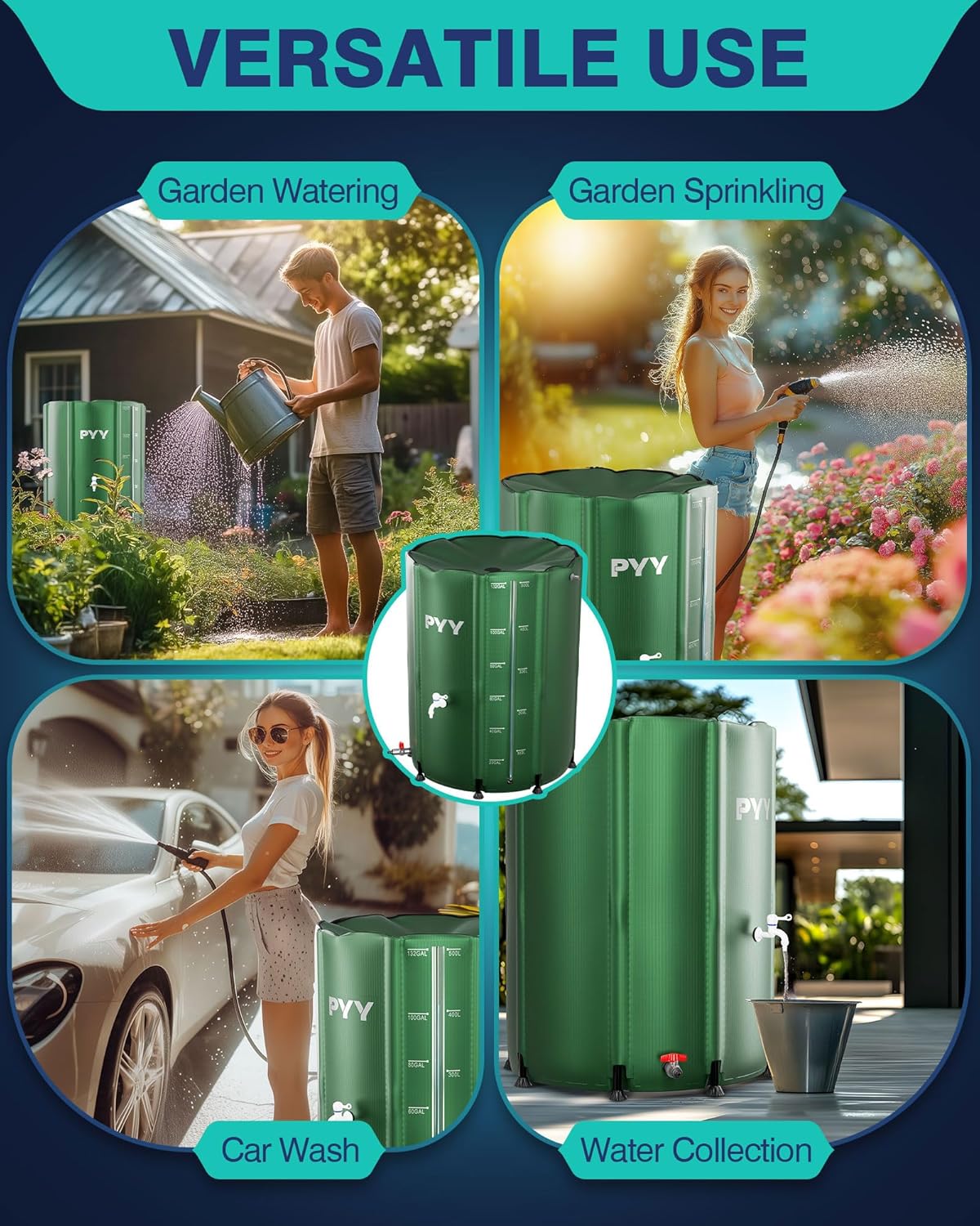 PYY Rain Water Collection Barrel - 132 Gallon Green Water Storage Tank with Spigots, Hose and Portable Bucket, Large Plastic Collapsible Rain Catcher Catchment System to Collect Rainwater from Gutter