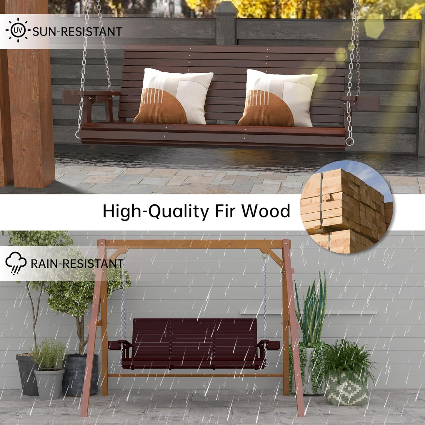 Wooden Outdoor Porch Swing, 3 Seater Front Porch Swing with Upgraded 22" Deep Seat, Heavy Duty 880 Lbs Swing Bench Chair for for Patio, Backyard, Garden (Brown, 5 Foot)