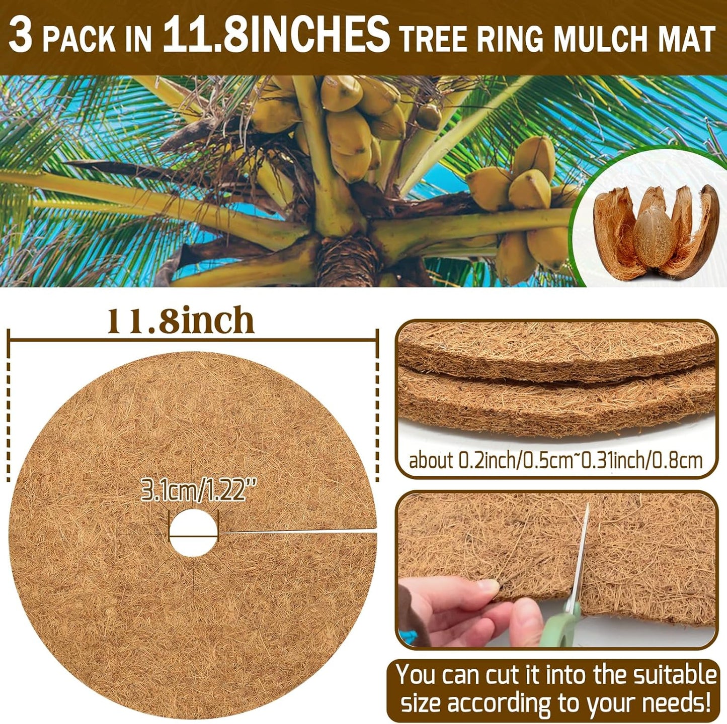 ZeeDix 3 Pack 12 Inch Coconut Fiber Mulch Ring, 100% Natural Coco Coir Tree Ring Mulch Mat Plant Protector Mat, Coconut Coir Discs Plant Pot Soil Cover for Indoor Outdoor Plants, Garden Decoration
