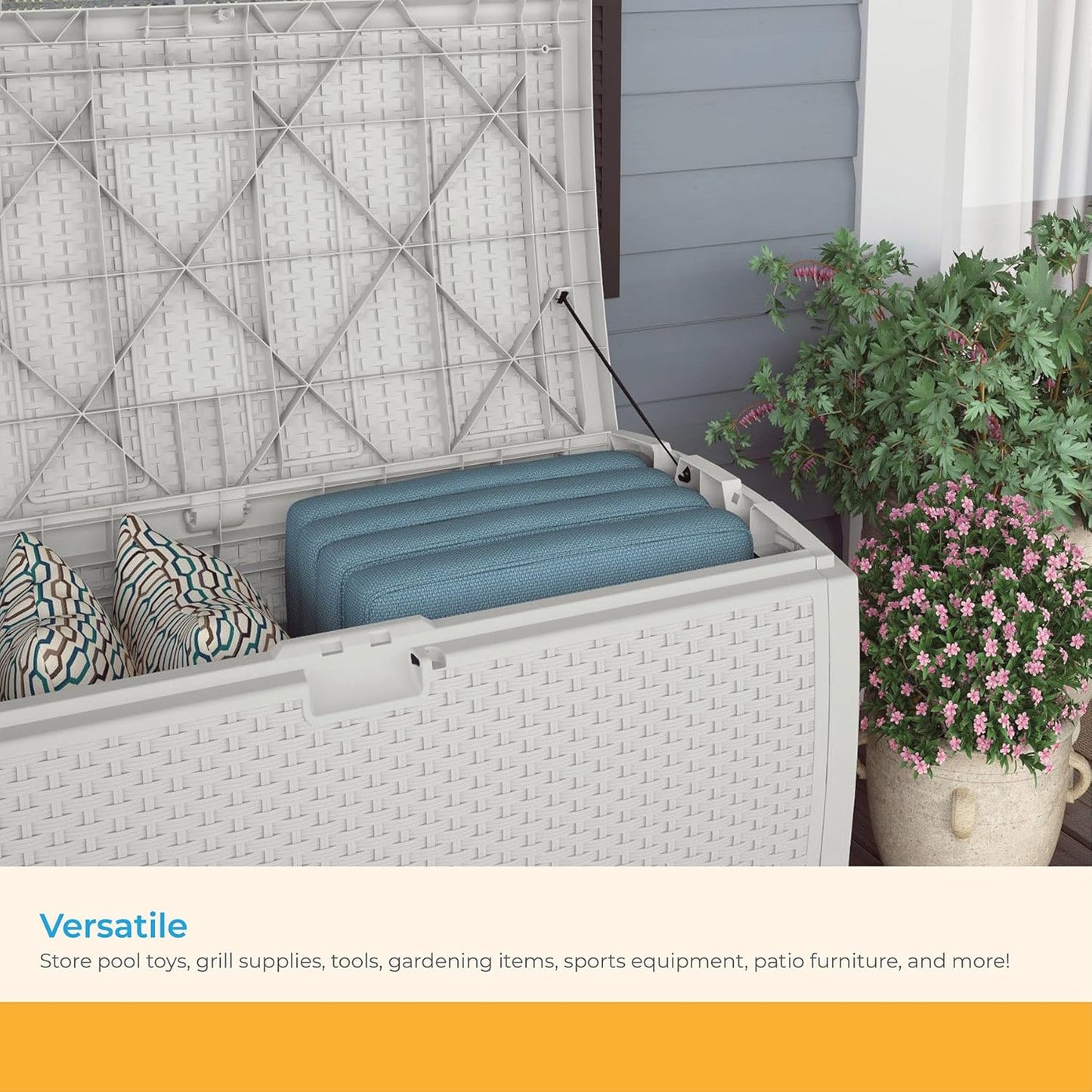 Suncast 99 Gallon Wicker Horizontal Outdoor Deck Box with Hinged Lid, Water-Resistant Storage Solution for Patio, Deck, Yard, and Garage, White, Made in the USA