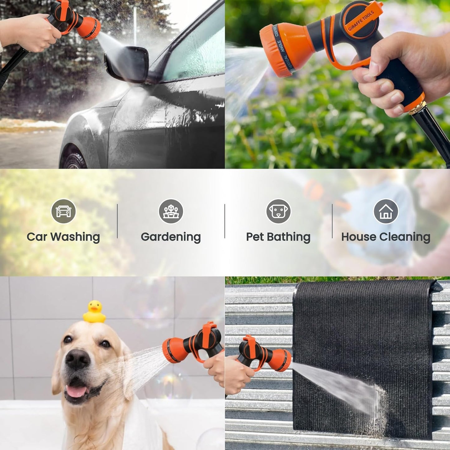 Giraffe Tools Garden Hose 75FT Lightweight Lay Flat Water Hose Kink Free Flexible Hose with 9 Spray Function Nozzle（Black）