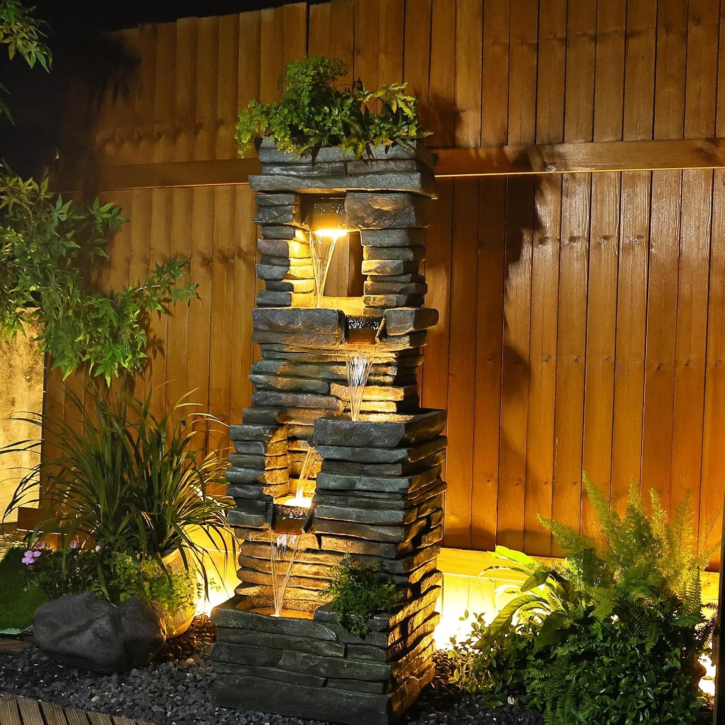 59 inches Outdoor Water Fountain Waterfall — Large Garden Rock Fountains 4-Tiered Waterfall Outdoor with Lights, Natural Stone Look Hollow Fountain for Patio Pool Porch Backyard, Stone Gray