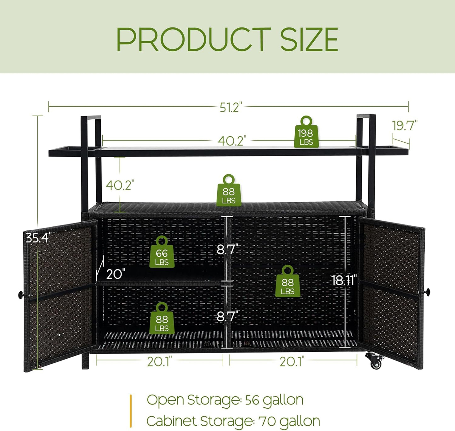 Wicker Outdoor Bar Cart - Black Patio Console Storage Table Buffet Cabinet Serving Kitchen Cart with Wheels for Outside Backyard