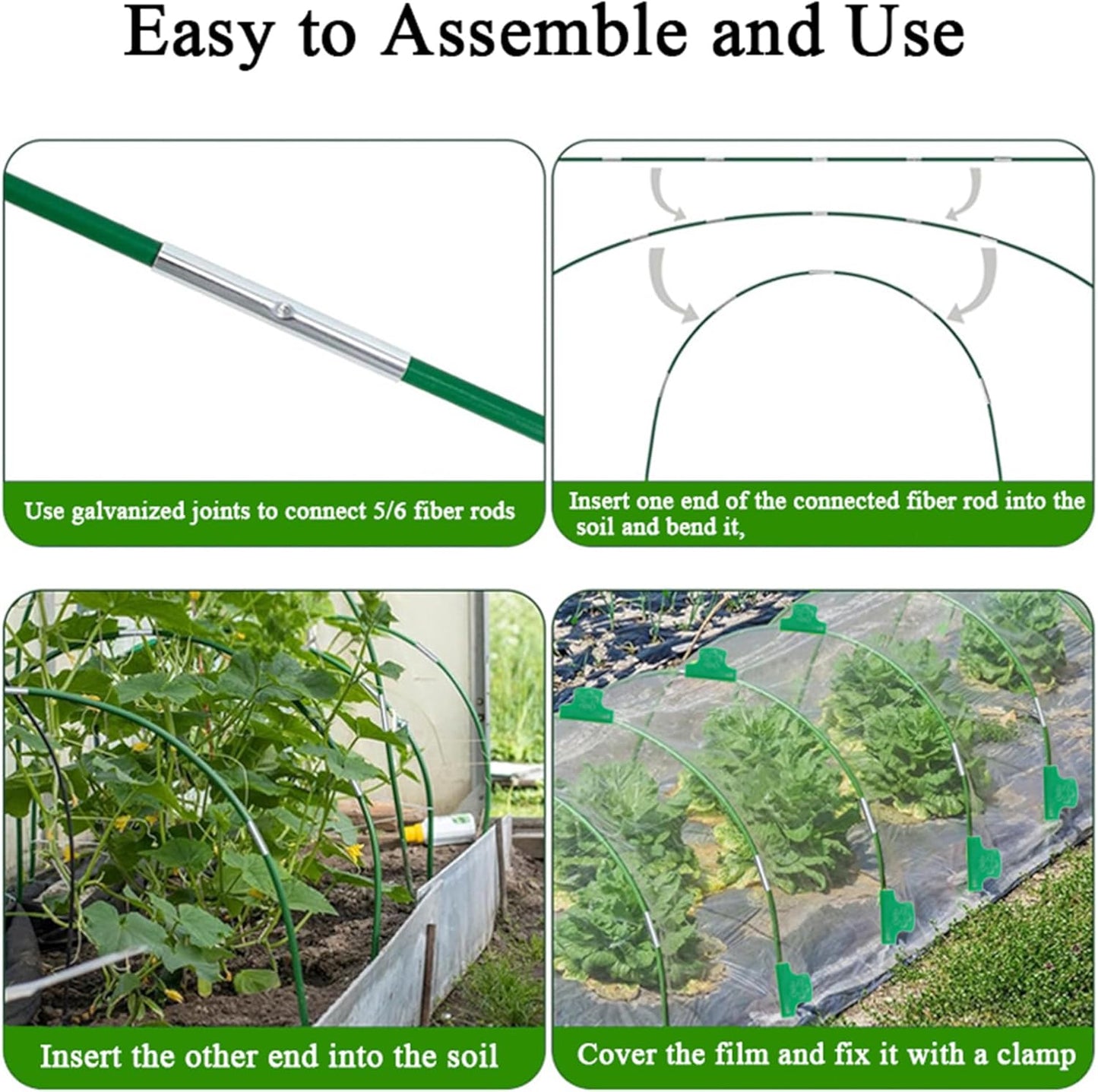 Garden Hoops for Raised Beds 60Pcs Greenhouse Hoops 10 Sets of 8.5FT Long Greenhouse Hoops Grow Tunnel Fiberglass Support Hoops Frame with 40Pcs Clips, Plant DIY Support Hoops for Outdoor Plant