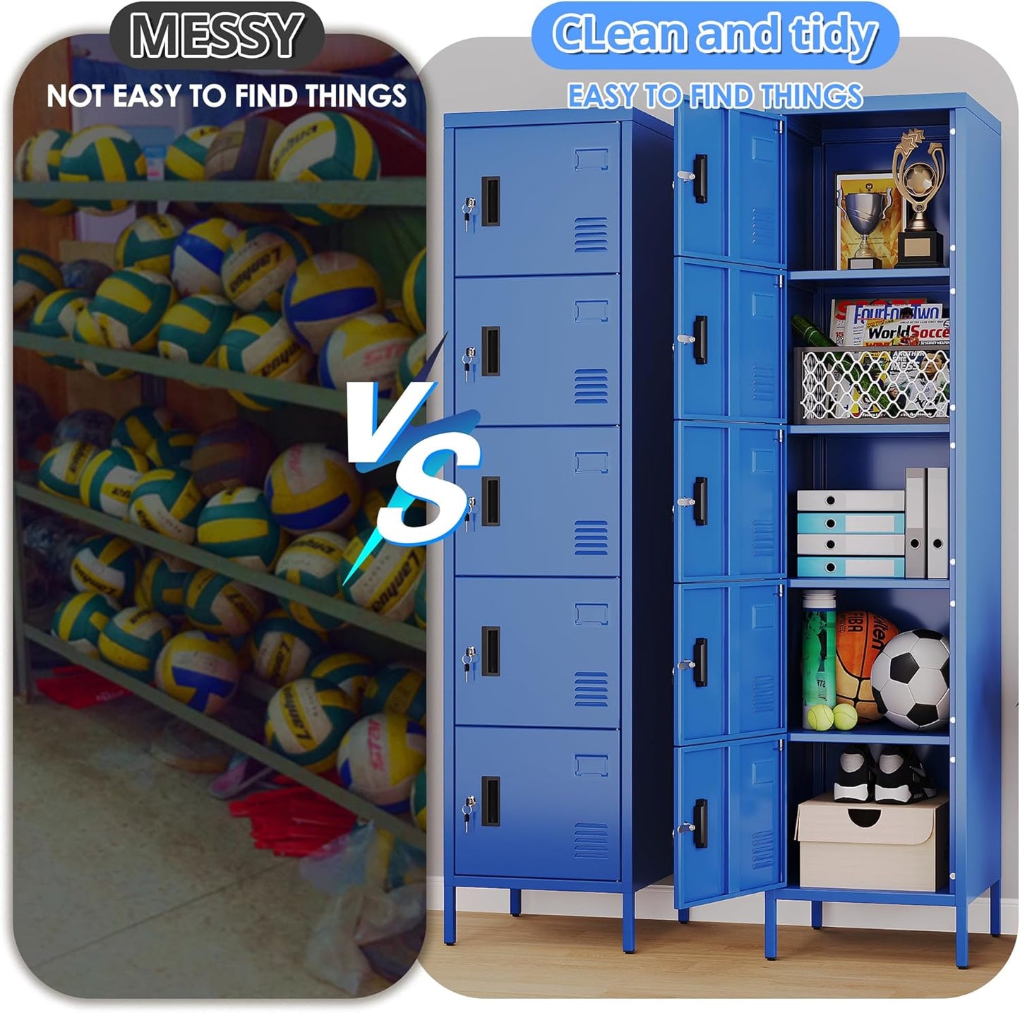 Metal Locker with Lock and Ventilation Holes,Metal Storage Locker with Business Card Slot for Home,Gym,Garage,School,Office,66" H x 15.8" W x 15.8" D Assembly Required,Blue