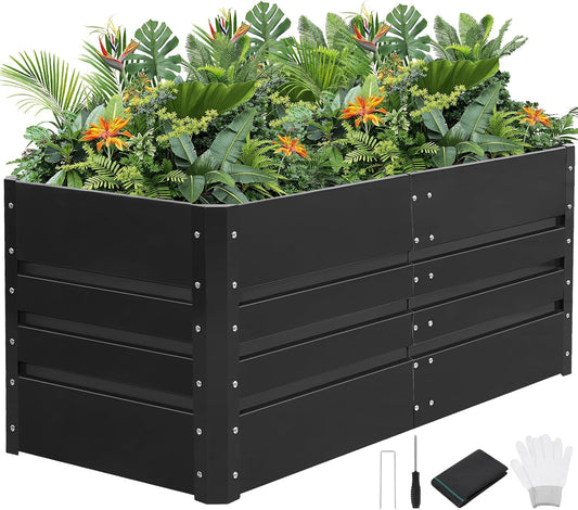 G GOOD GAIN 4x2x1.8ft Raised Garden Bed - Metal Planter Box Outdoor with Weed Barrier Fabric | Deep Root Raised Beds for Gardening Vegetables Flowers Herb Fruits (Dark Gray)