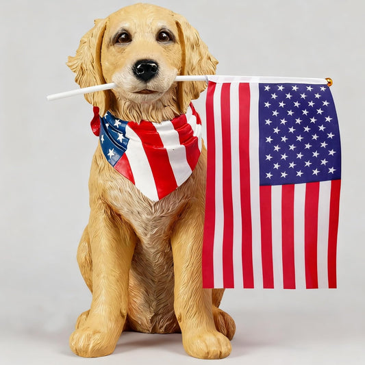 Cynkeyee Outdoor Garden Decor Dog Statue - Large Resin Puppy with American Flag Statues Sculpture for Outside Yard Lawn Home Decor Americana Patriotic Decorations 12.5x8.5x13.5 Inch