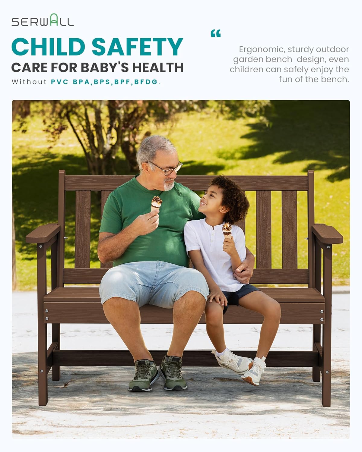 SERWALL Outdoor Bench, HDPE Outdoor Benches Weatherproof, 2-Person Garden Bench with 660 lbs Weight Capacity, Patio Benches for Outdoors, Garden, Porch, Backyard and Park, Brown, 6 Pack