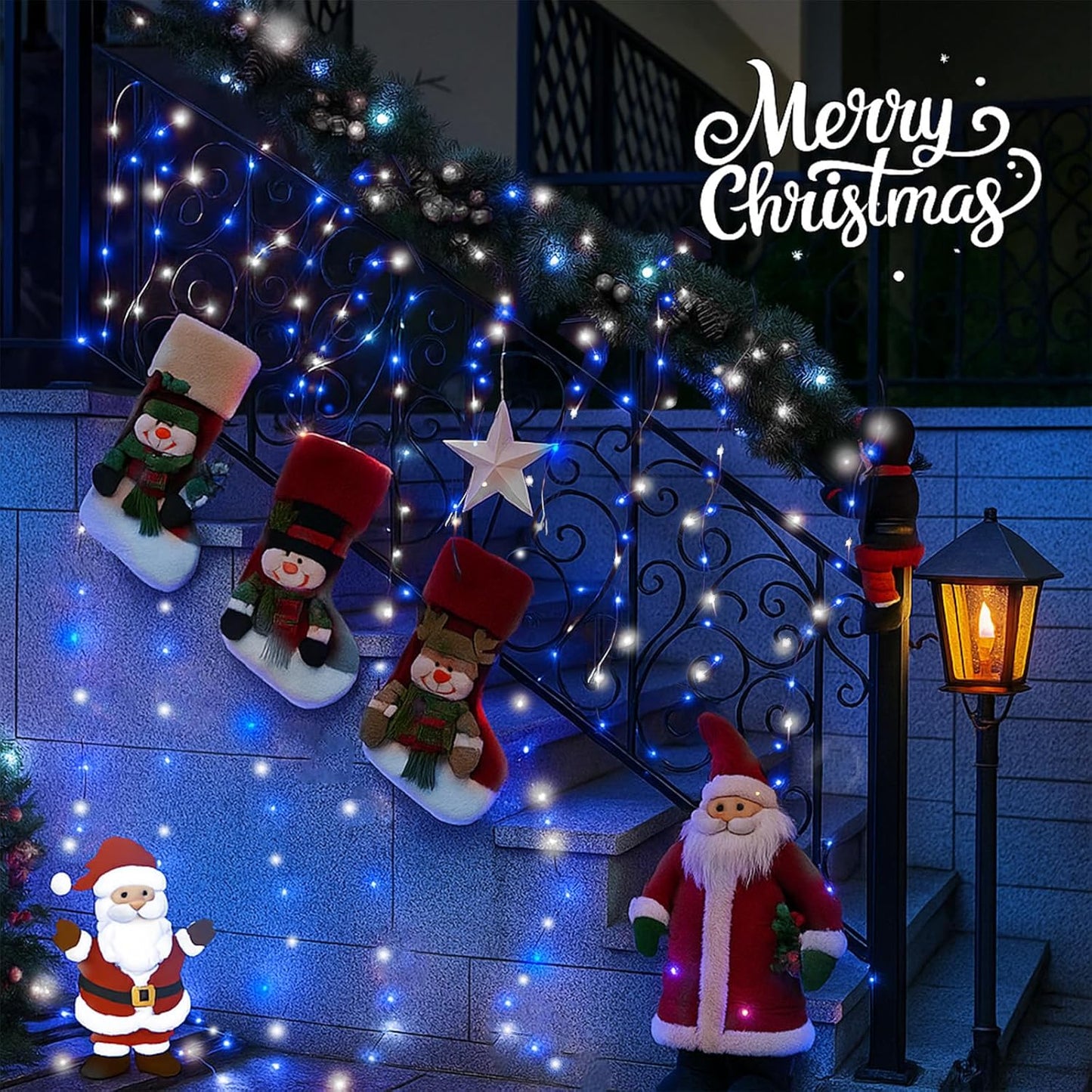 SANJICHA Blue and White Solar String Lights, Extra-Long 2 Pack 144FT 400LED Solar Christmas Lights Outdoor Waterproof, Sliver Wire 8 Modes Twinkle Light for Garden Tree Party Wedding Decorations