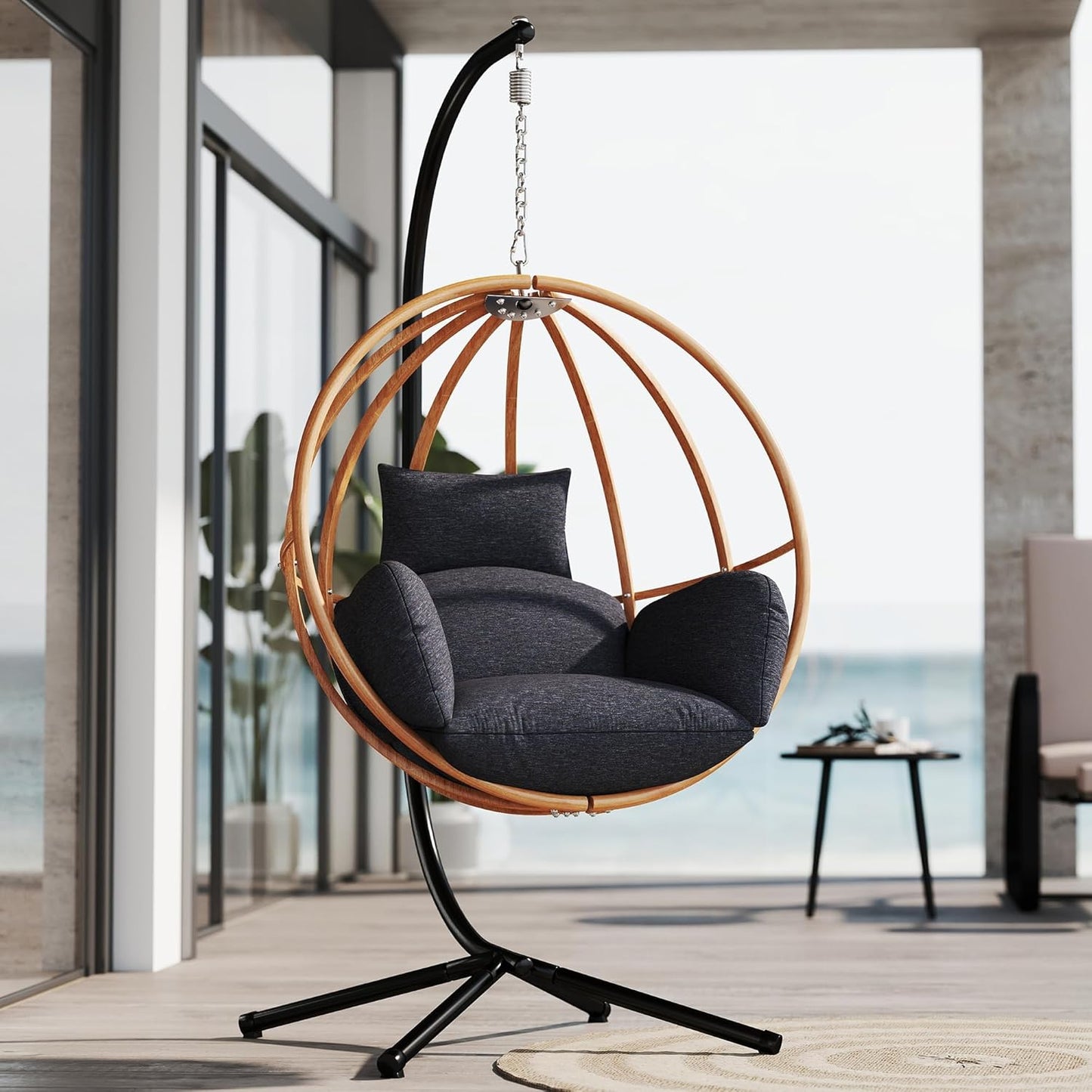 Egg Chairs Outdoor, Metal Hanging Egg Chair with Cushions, Heavy Duty 400LBS Imitation Wicker Egg Swing Chair with Stand, 80" H Hanging Chairs Cozy Basket Seat for Bedroom/Balcony, Charcoal