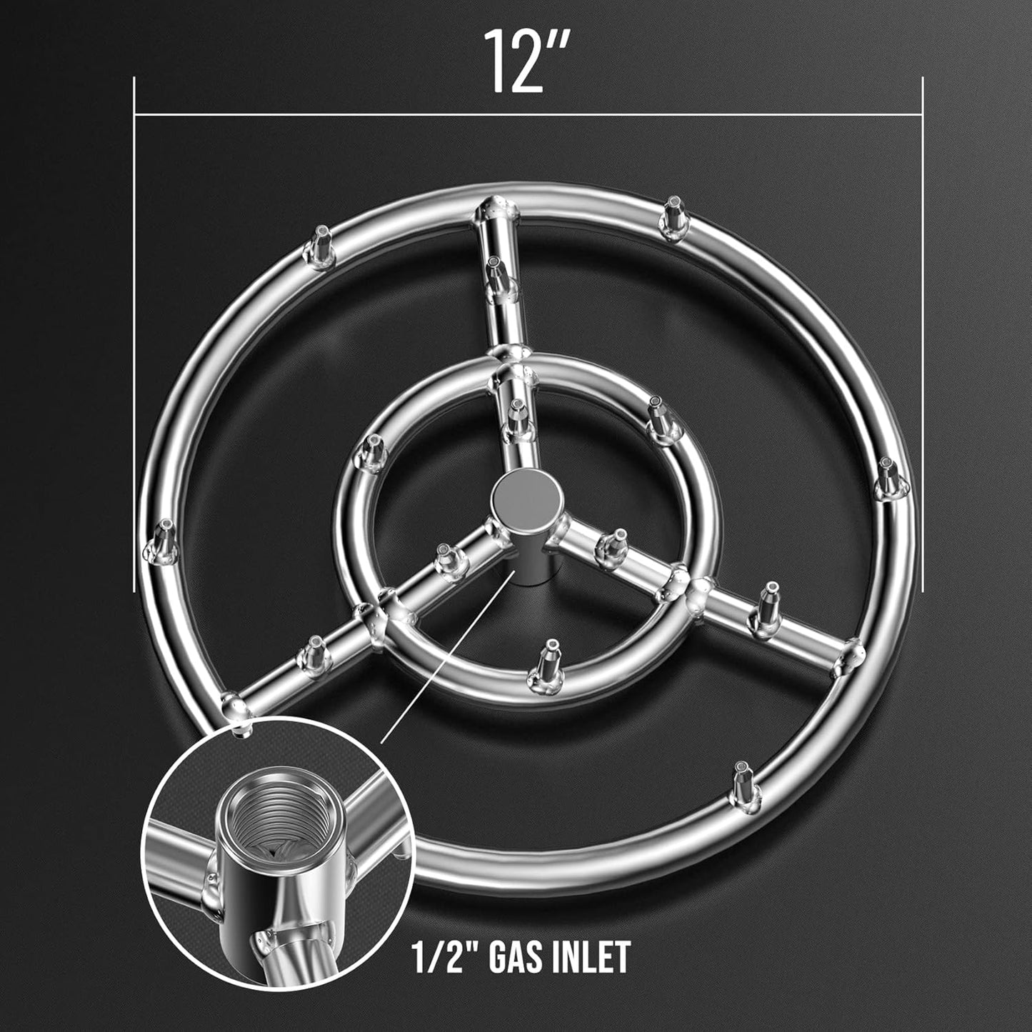 Skyflame 12-Inch Round Stainless Steel Fire Pit Jet Burner Ring - High Flame