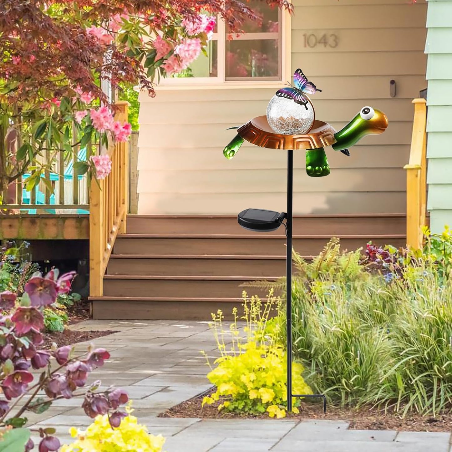Afirst Solar Lights Outdoor Decorative Metal Turtle Crackle Glass Globe with Butterfly Warm White LED Metal Waterproof Garden Stake Lights for Walkway Pathway Lawn Patio Yard Decorations