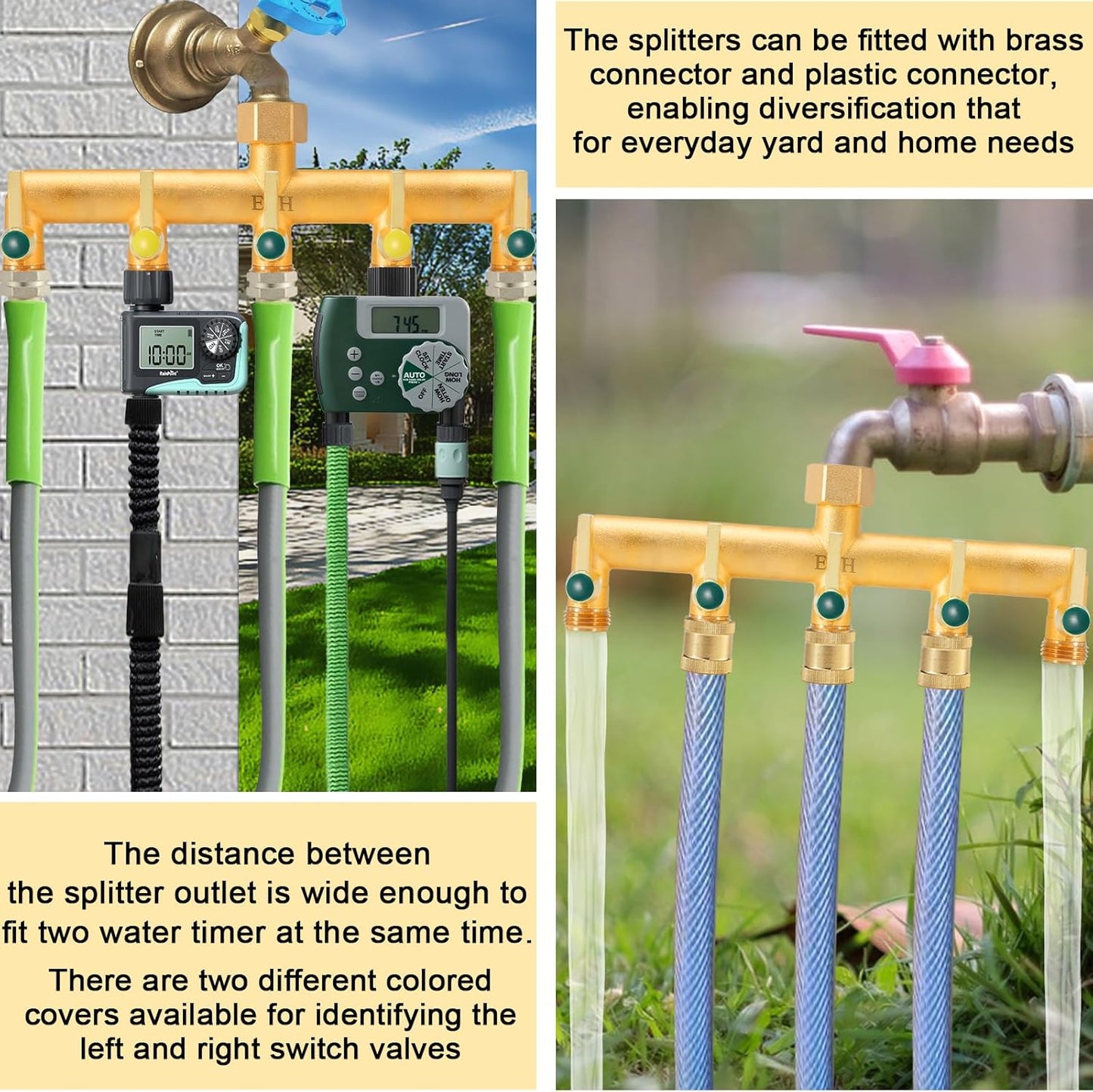 EBH Brass Garden Hose Splitter, 5 Way Outdoor Frostproof Tap Hose Splitter with 5 Individual On/Off Valve and Extended Handle, GHT 3/4-Inch Heavy Duty Hex Female Inlet and 3/4-Inch Male Outlet