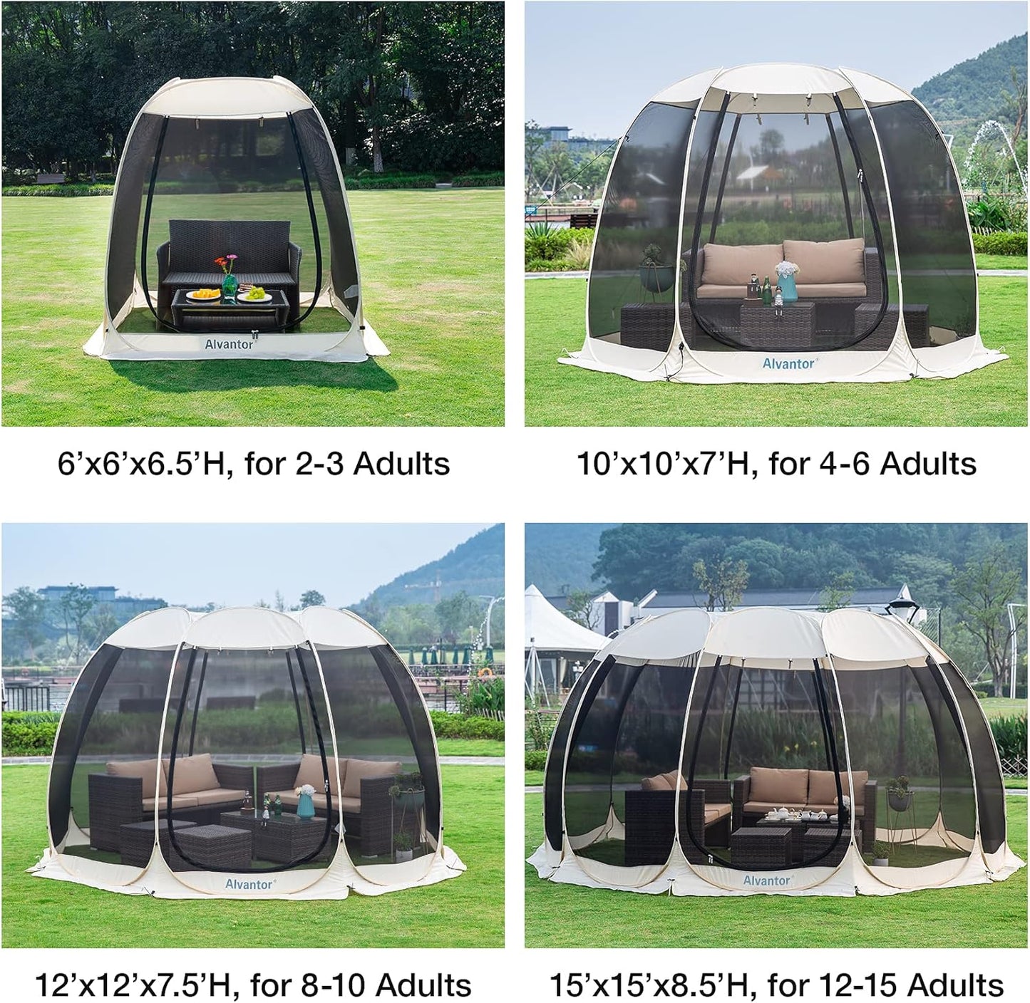 Alvantor Screen House Gazebo, 6-10-15 Person Pop Up Igloo Screened Canopy Tent with Mosquito Netting Sides, Instant UV Resistant Sun Shelter for Garden, Patio, Backyard