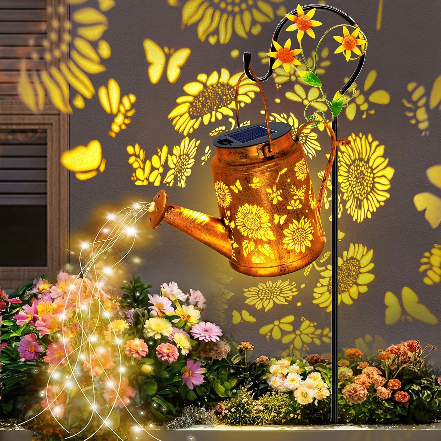 Solar Lights Outdoor Waterproof, Sunflower Solar Watering Can Lights with Shepherd Hook, Metal Hanging Lantern Garden Decor Yard Outside Patio Lawn, Gifts for Mom Grandma Women Birthday