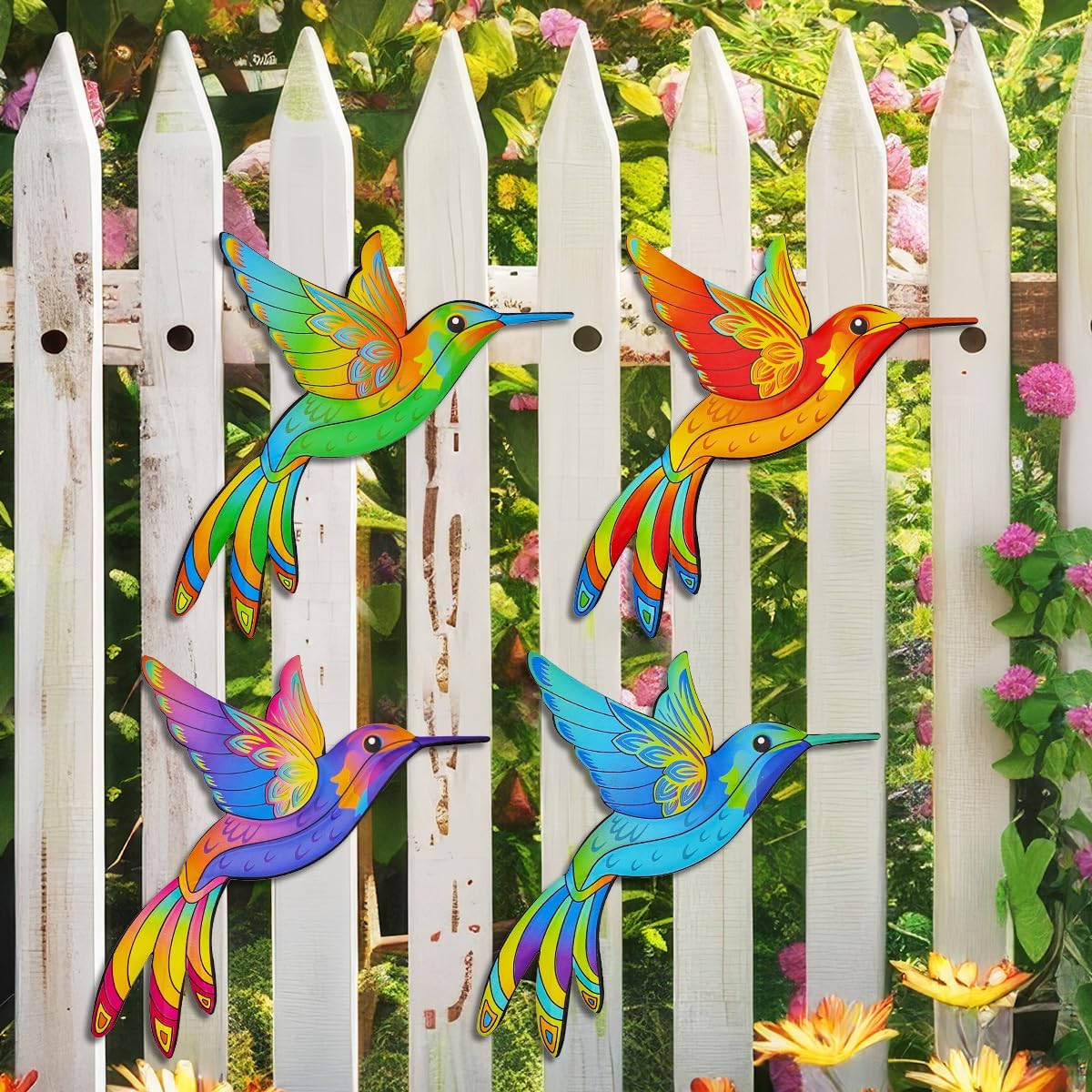 Metal Hummingbird Wall Decor,Outdoor Fence Birds Art Decoration,Hanging Decorations for Garden,Yard,Patio Balcony,Great Gifts for Family Friends(4 Pack)