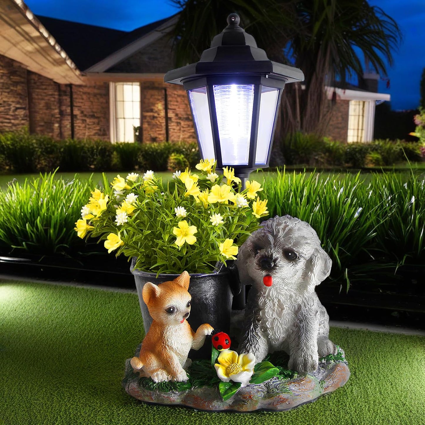 Garden Dog Statue,Resin Teddy & Cat Figurine with Solar LED Light,Flower Pots Planters Pots for Succulent,Outdoor Sculpture for Patio Balcony Yard Lawn Decor,Unique Gift for Dad Mom Grandma