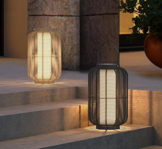 Solar Yard 2-Pack Outdoor Solar Lantern Lamp, Water-Resistant Boho Lights for Outside Hanging Lantern Table Lights Decoration for Garden, Patio, Porch, Trees, Pathway, Black and Natural