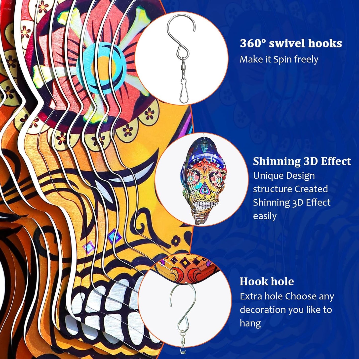 Goolyrusim Metal Wind Spinner - Sugar Skull Wind Spinners, Kinetic Hanging Wind Sculpture 3D Skeleton Wind Catcher for Yard and Garden Decoration Outdoor Decor, Unique Gifts for Halloween, Christmas