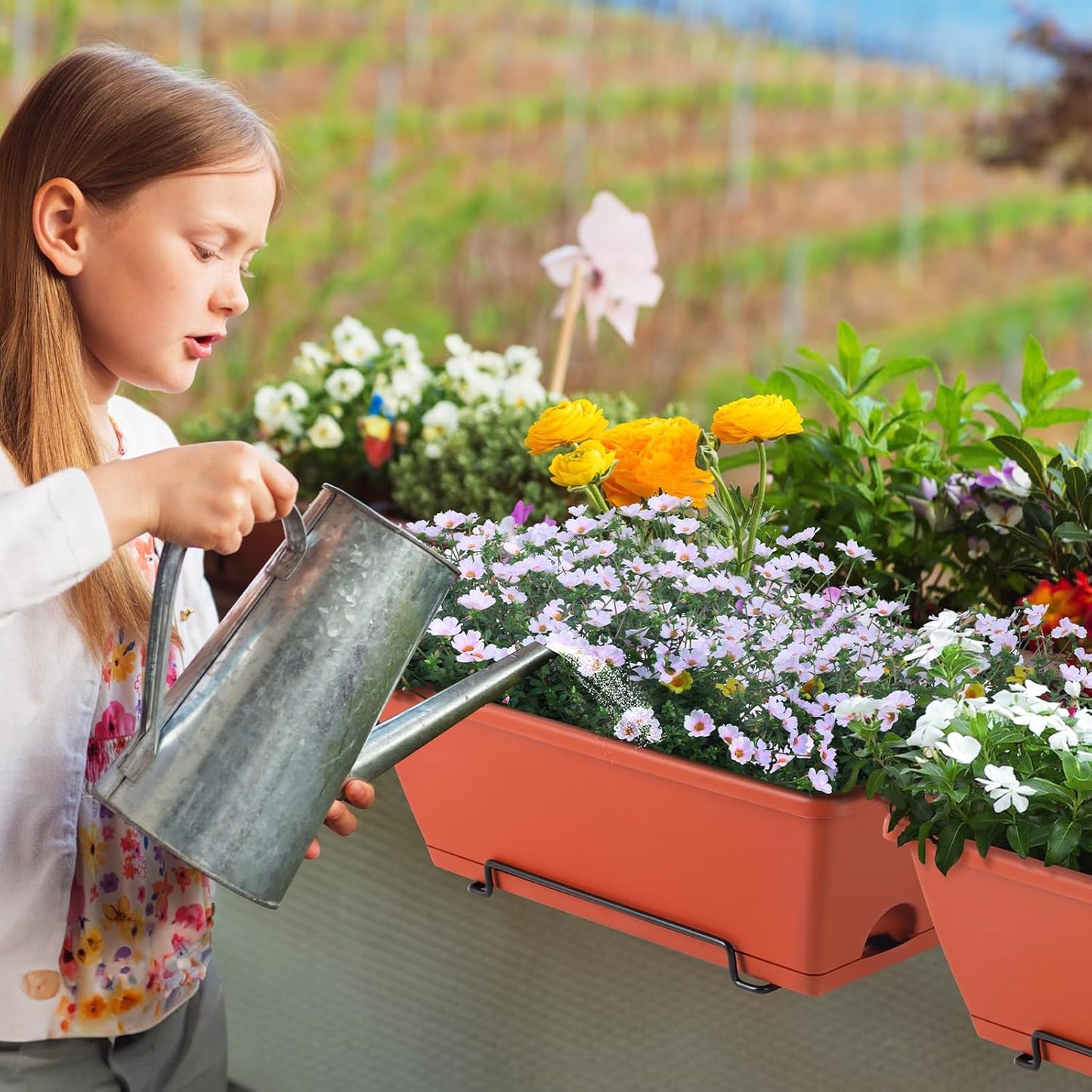 HAITRAL 16.9 Inch Deck Railing Planter Boxes for Plants, Rectangular Hanging Window Boxes Planters with Metal Flower Pots Brackets - 6 Pack Railing Planter Box for Balcony Fences Garden, Red