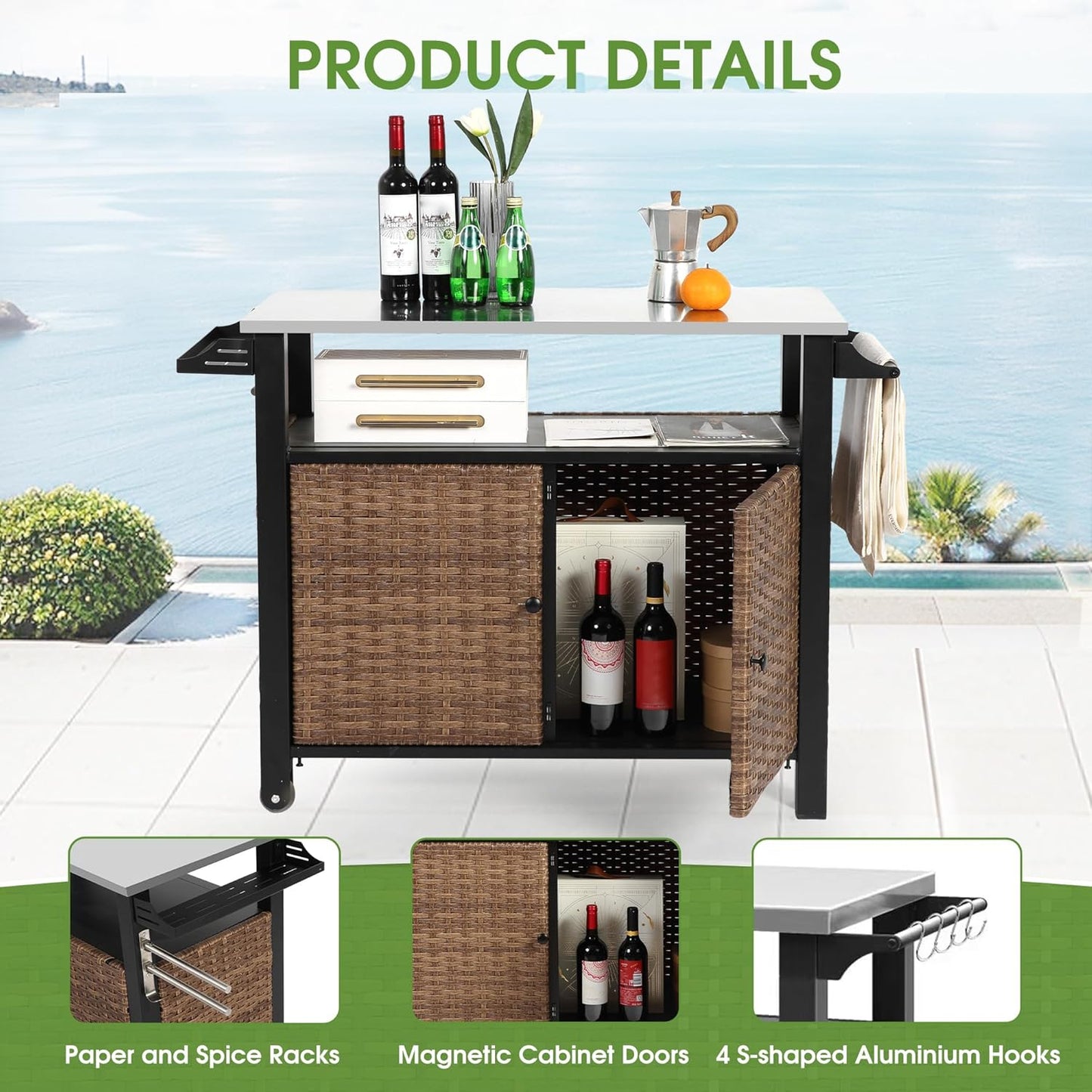 HOMEFUN Kitchen Island Cart Wicker Grill Prep Station & Stainless Steel Outdoor Serving Bar Table with Hooks Wheels Poolside Patio Grassland (Large)