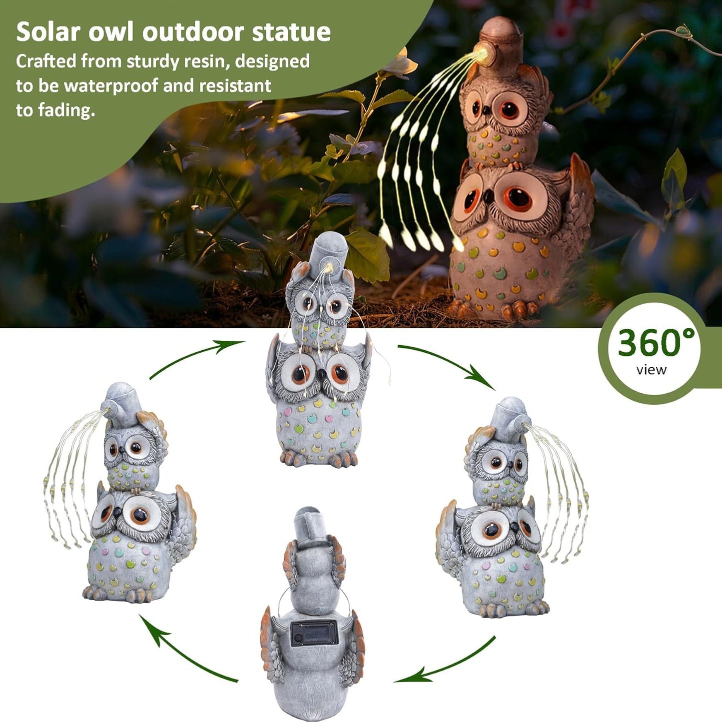 Solar Garden Statues Outdoor Decor, Watering Owl Statue Garden Decor, Resin Yard Decorations Outdoor for Patio, Porch, Balcony, Lawn Ornaments, House Warming Birthday Gifts for Mom Women Grandma