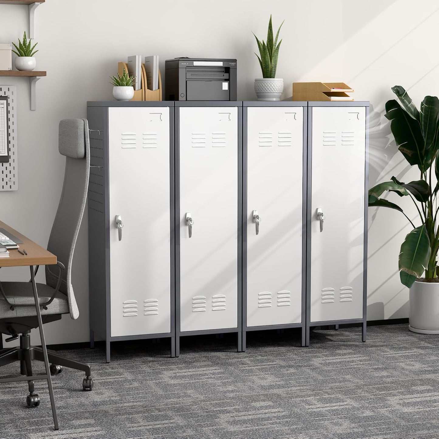 METAN Metal Storage Lockers with Handle Lock and 2 Adjustable Shelves,Office Storage Locker with Pegboards and Hooks,Assembly Required,Grey White