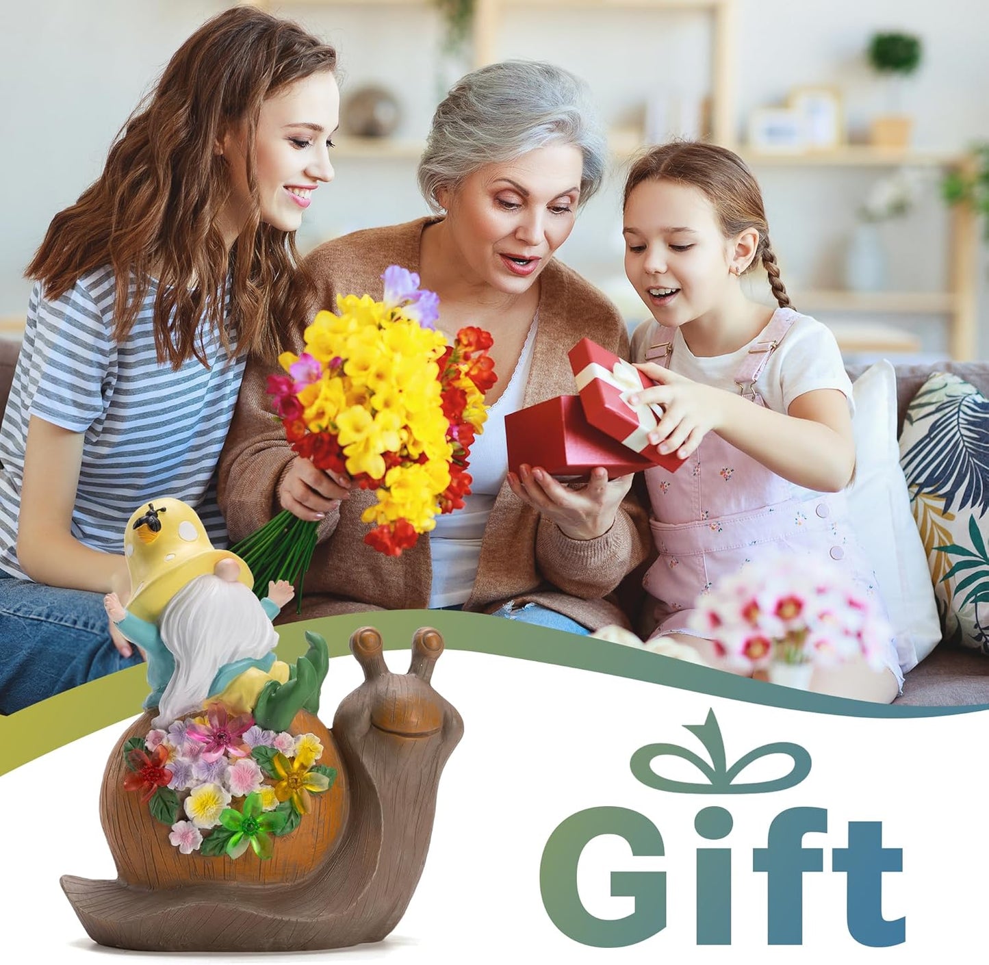 Solar Garden Outdoor Statue Snail Gnome with Succulent and LED Light - Patio,Lawn,Garden,Tortoise Statue for Patio,Unique Housewarming Gifts