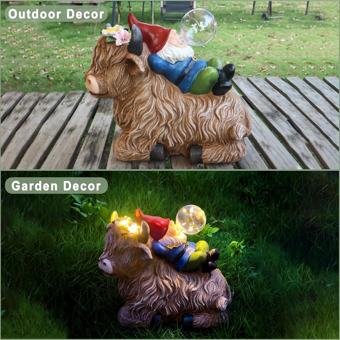 Solar Highland Cow Gnome Garden Decor Statue, Outdoor Funny Solar Light Decoration for Yard, Patio, Lawn, Unique Housewarming, Birthday Gift for Women, Mom, Grandma