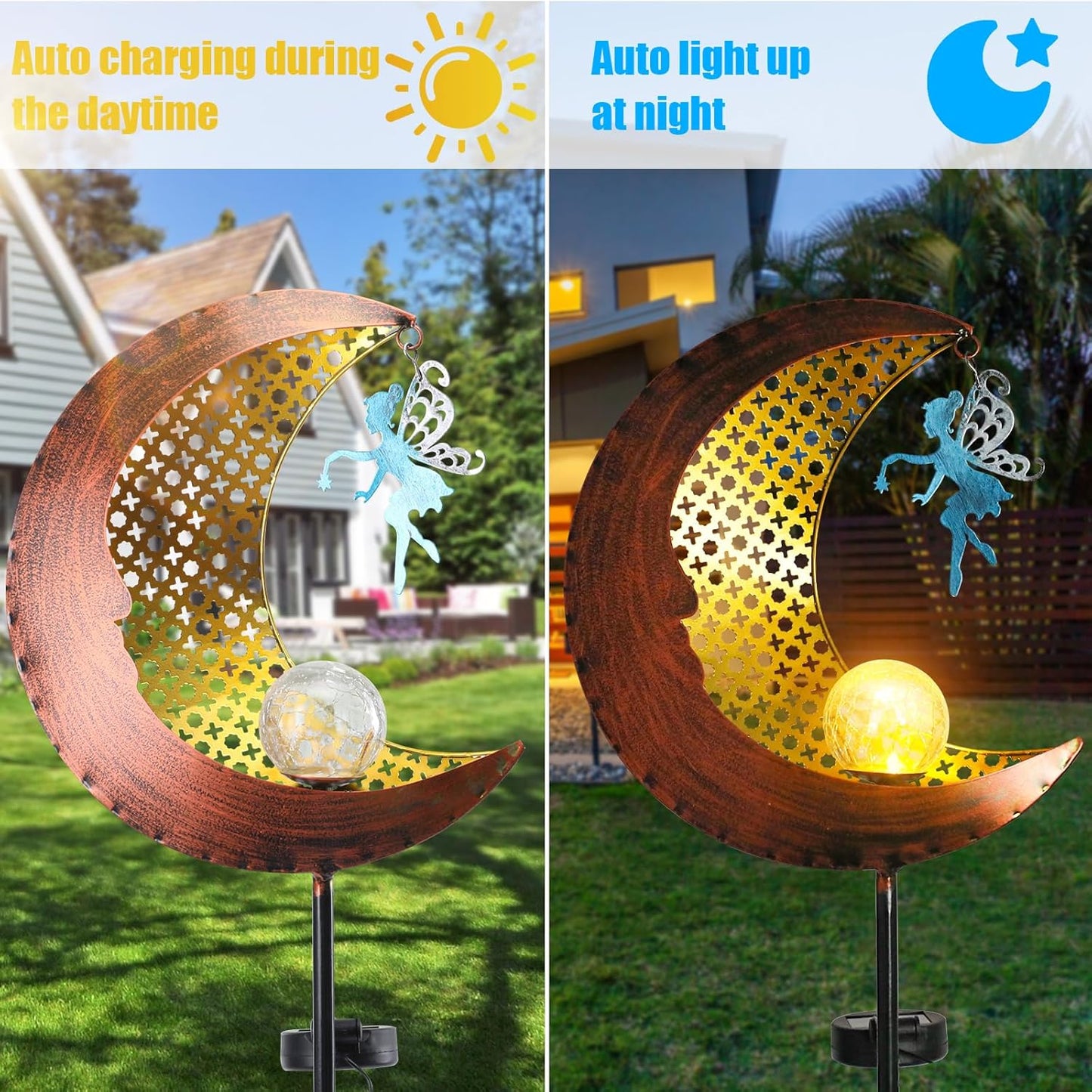 Bshine Moon Solar Light Outdoor Garden Decoration, Moon Fairy Garden Statue Outdoor Decor,Metal Waterproof Light Stake for Patio, Path, Yard and Lawn Ornament, Housewarming Gift for Mom,Bronze