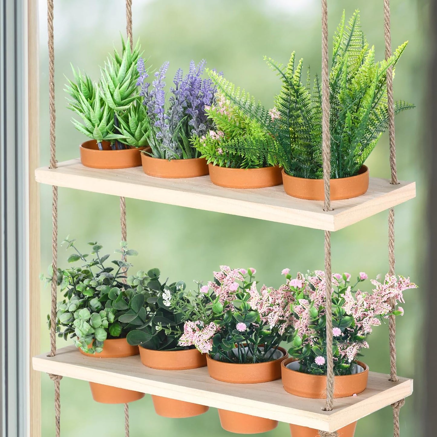 3 Tiered Hanging Herb Planters Hanging Herb Garden Wall with 12 Pcs Nursery Pot Wood Vertical Window Plant Shelf with Holes and Rope Plastic Flower Pots Spring Garden Indoor Kitchen