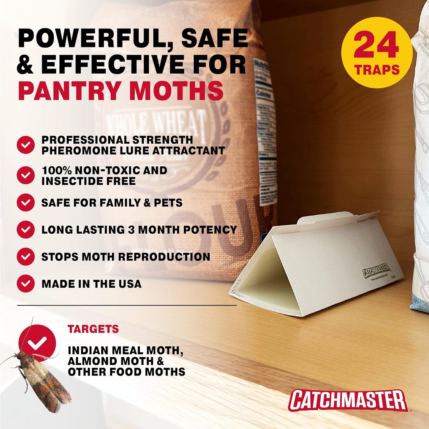 Catchmaster Pantry Pest & Moth Traps 24-Pk, Bug Killer for Kitchen Storage & Pantry Cabinet, Sticky Moth Traps for House, Protect Pet Food, Kitchen Cabinets Storage, Pet Safe Glue Trap