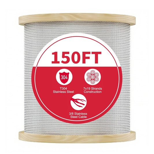 3/8 Stainless Steel Cable with 7x19 Strands and 12000lbs Breaking Strength 304 Stainless Steel Wire Rope for Aircraft Cable 150FT
