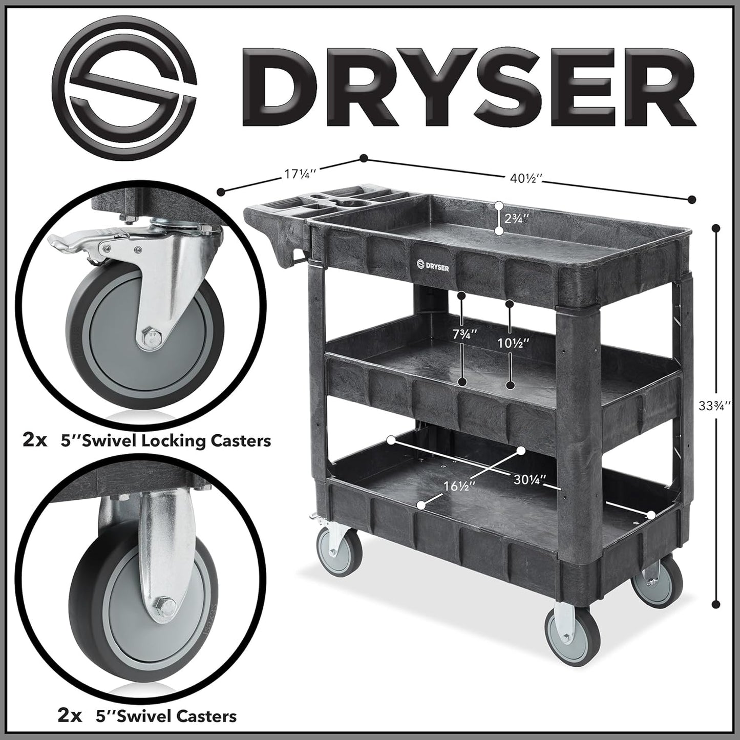 Dryser Utility Cart with Wheels, 40" x 17" Heavy Duty 550 lb. Capacity with Shelves - 3 Tier Rolling Cart with Two 5" Swivel Casters for Warehouse, Garage, Cleaning