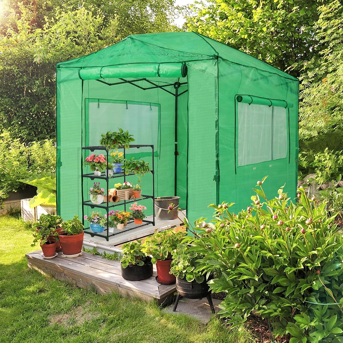 EAGLE PEAK Instant Pop-up Greenhouse, Indoor Outdoor Plant Gardening Green House, Roll-Up Zipper Doors and Side Windows, Walk in 8x6 ft, PE Cover, Green/Clear