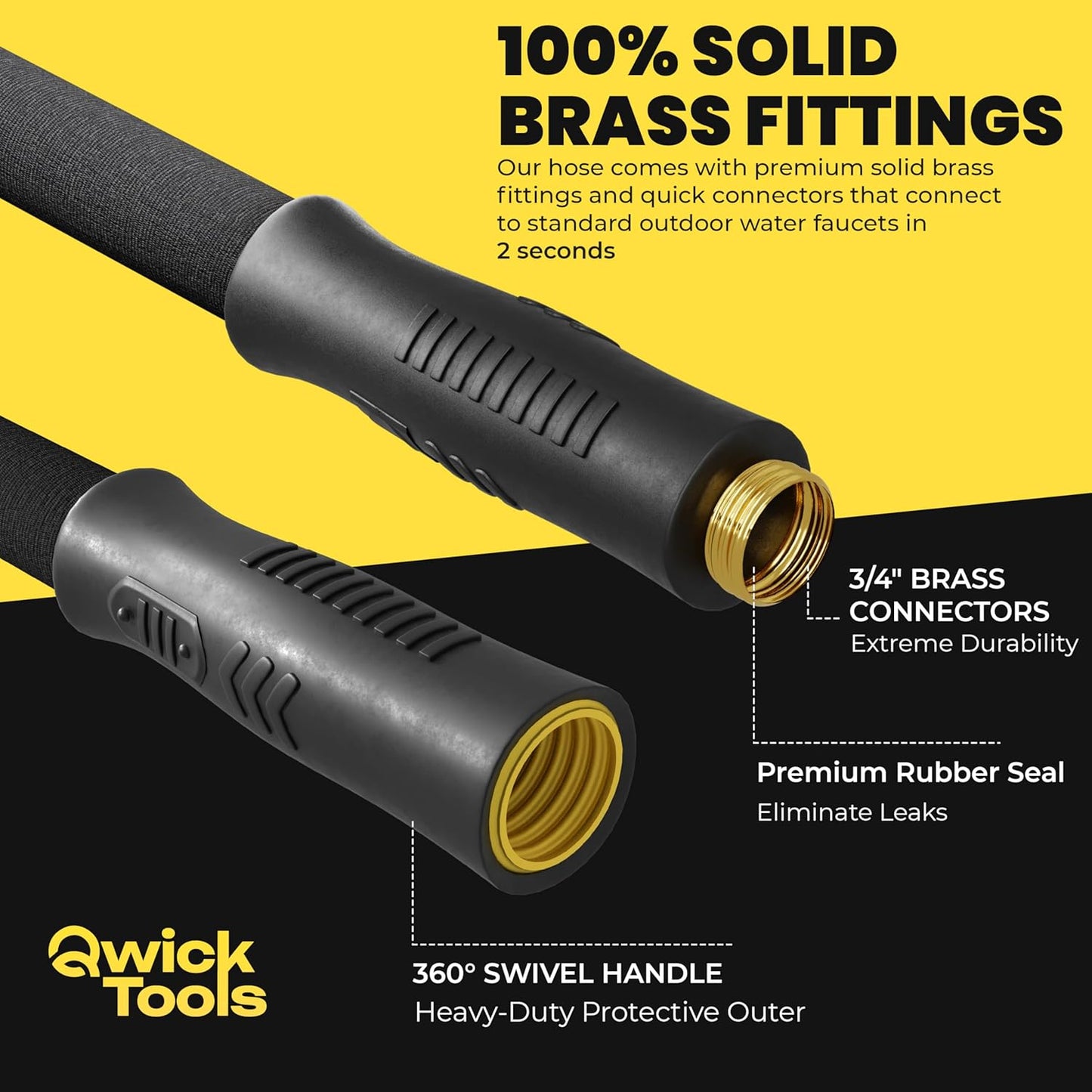 Flat Garden Hose 50FT – Non-Expanding, No-Kink, Leak-Proof Rubber Hose with Brass Fittings & 9-Function Nozzle – Lightweight, Flexible, Collapsible Water Hose for Garden, RV, Camper