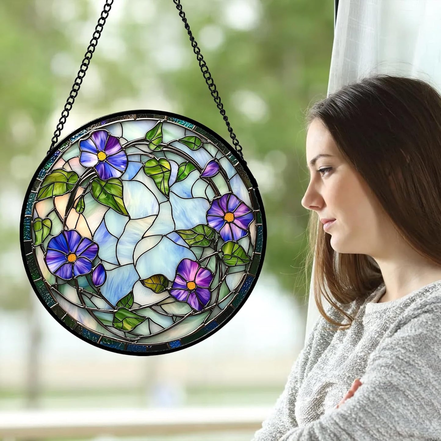 Stained Glass Window Hanging, Purple Morning Glory Flowers Suncatcher for Doors Window Home Plant Sun Catchers Decoration Mother's Day Birthday Gifts for Women, Men, and Mom 6.3x6.3 in