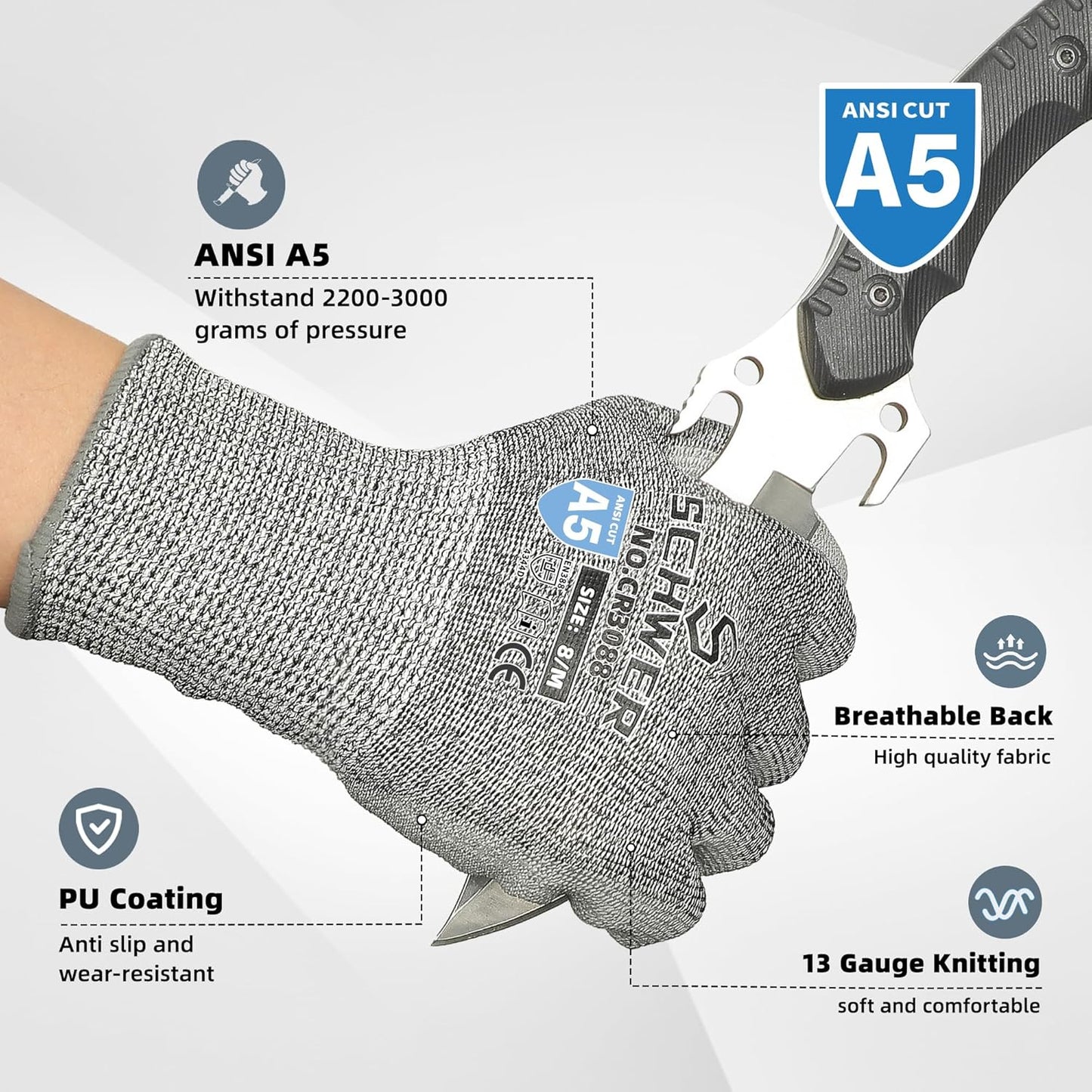 Schwer 12 Pairs ANSI A5 Cut Resistant Work Gloves, Cut Proof Gloves with PU Coating, Used for Metal Fabrication, WoodWorking, Construction, Non Slip, Durable, M, CR3088
