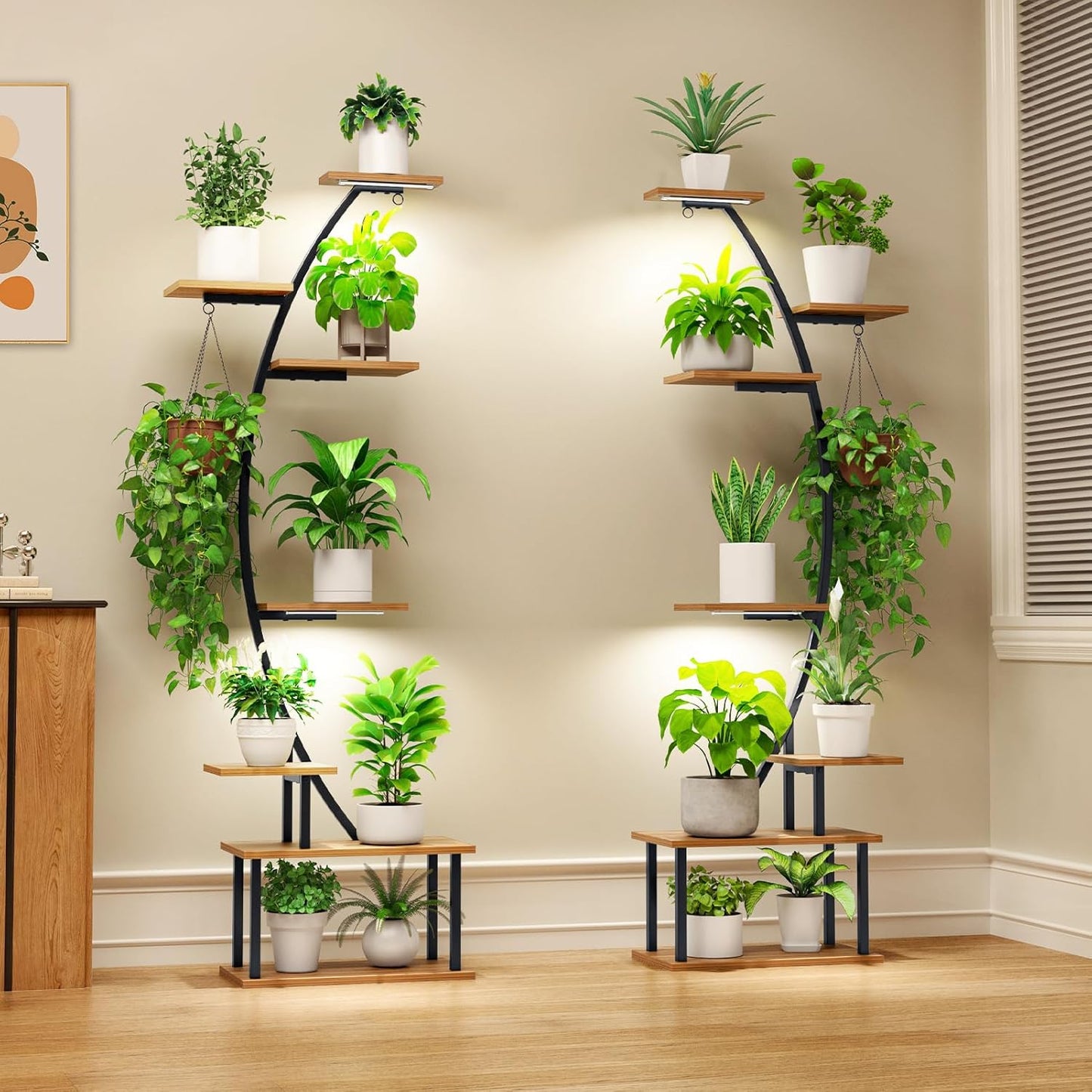 Plant Stand Indoor with Grow Lights, 7 Tiered 66" Tall Metal Plants Shelf, 3 Color Mode Full-spectrum LED, Half-Moon Shaped with Cable Ties & Safe Straps for Living Room, Patio