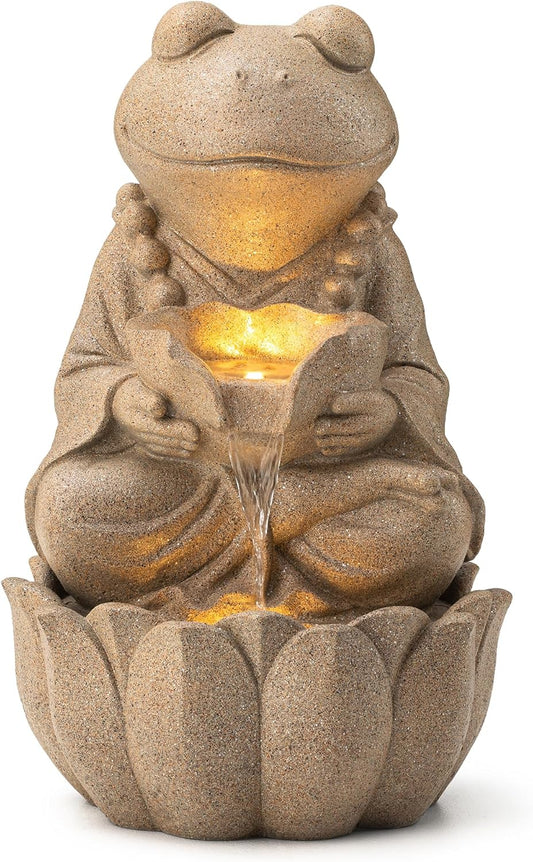 Glitzhome Outdoor Fountains and Waterfalls Zen-Style Frog Water Fountains with LED & Pump, Patio Water Fountain Yard Fountain 2 Tier Floor Waterfall for Backyard Lawn Garden Porch 22" H, Sand Beige