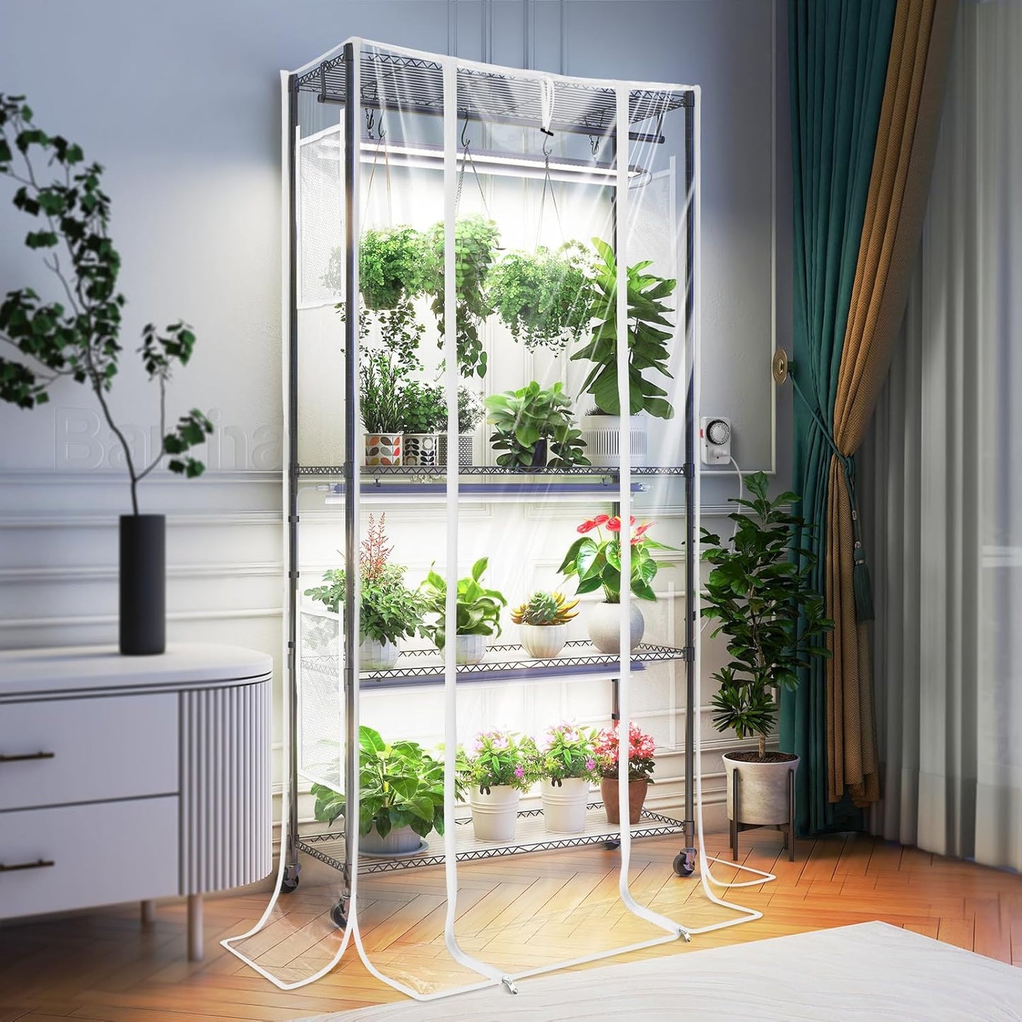 Barrina CX3Z Indoor Greenhouse with Grow Light, 4-Tier Metal Plant Stand with Zippered EVA Cover and Wheels, LED Full Spectrum 3FT 36W(per Light) Plant Growing Lamp with Timer, 35.4"x13.8"x70.9"
