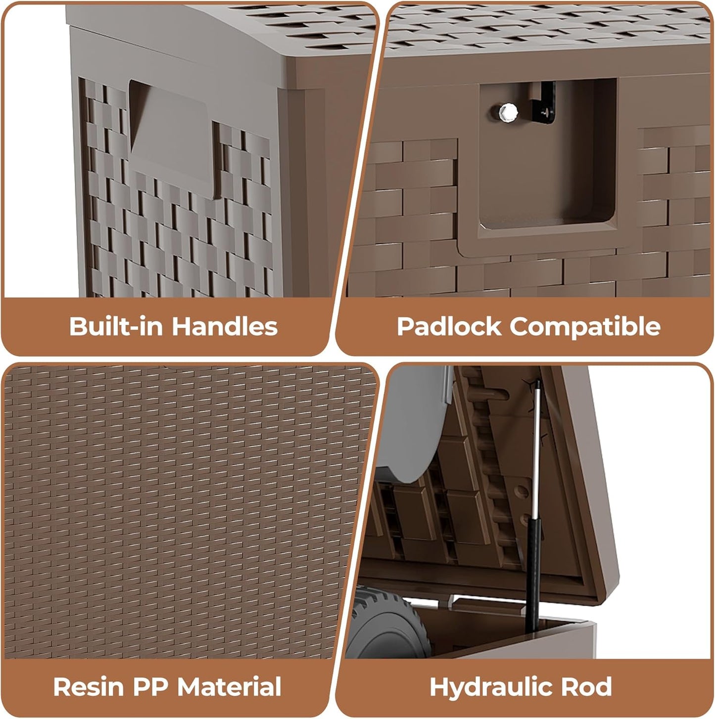 73Gallon Brown Resin Deck Box, Outdoor Storage Box Waterproof Lockable, Patio Deck Box For Package Delivery, Outside Storage Box Container for Furniture Cushions, Garden Tools, Pool Accessories
