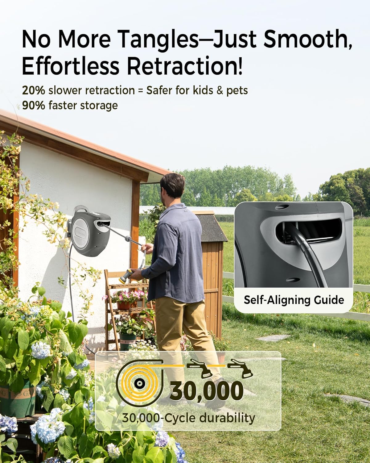 Retractable Garden Hose Reel 5/8 in x 100 ft Metal Bracket, 2025 Upgraded Dual Ratchet Lock UV & Freeze Protection Brass Seal Slow Retraction Anti-Tangle Hose 180°Swivel