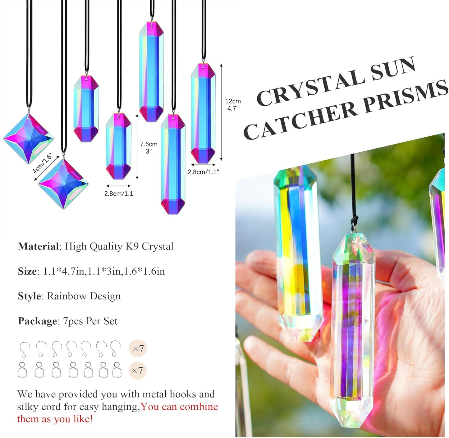HDCRYSTALGIFTS Set 7 Crystal Sun Catcher Prisms, AB Colored Suncatcher Crystals Indoor Window Hanging Christmas Ornaments Rainbow Maker Prisms for Home Garden Decor