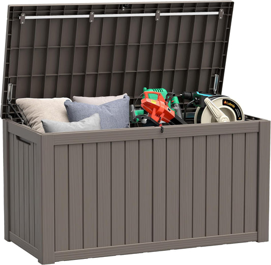 150 Gallon Resin Deck Box, Large Indoor and Outdoor Storage Box, Weatherproof and UV Resistant Outdoor Storage Box with Built-in Steel Beams for Patio, Cushions, Pool Supplies