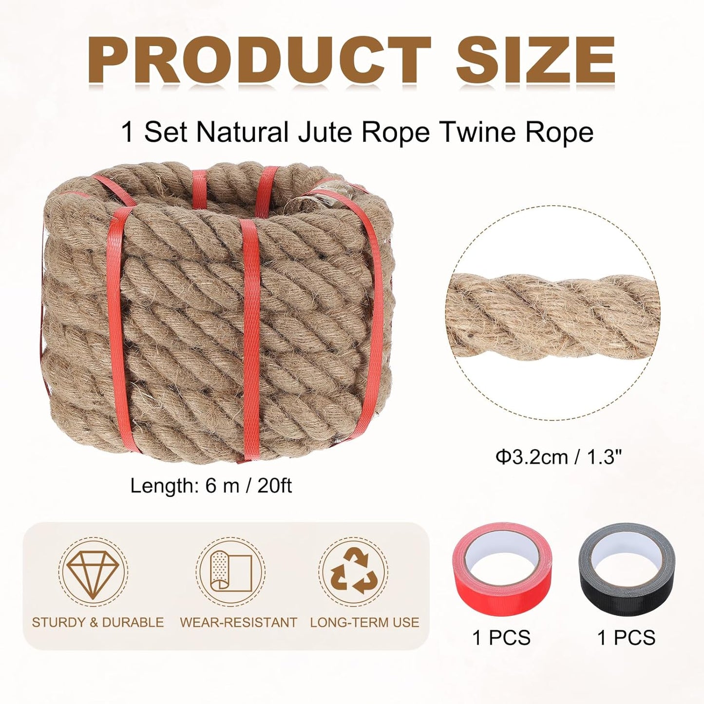MECCANIXITY Jute Rope 1.3 Inch x 20ft, Thick Twine Rope Ropes Braided Jute Twine Natural Brown Burlap Cord String Heavy Twisted with Tapes for Decorative Crafts Railing Swing Tug of War