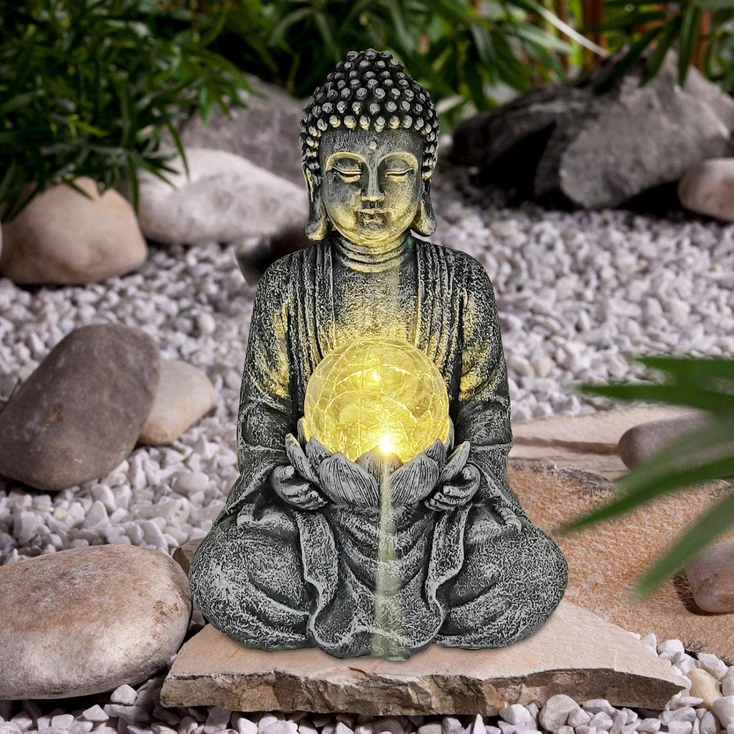 Nacome Meditating Buddha Statue with Solar Light,Zen Solar Garden Buddha with Cracked Glass Ball Sculpture-Indoor/Outdoor Decor for Balcony,Garden,Patio,Porch Yard Art Ornament,Gift